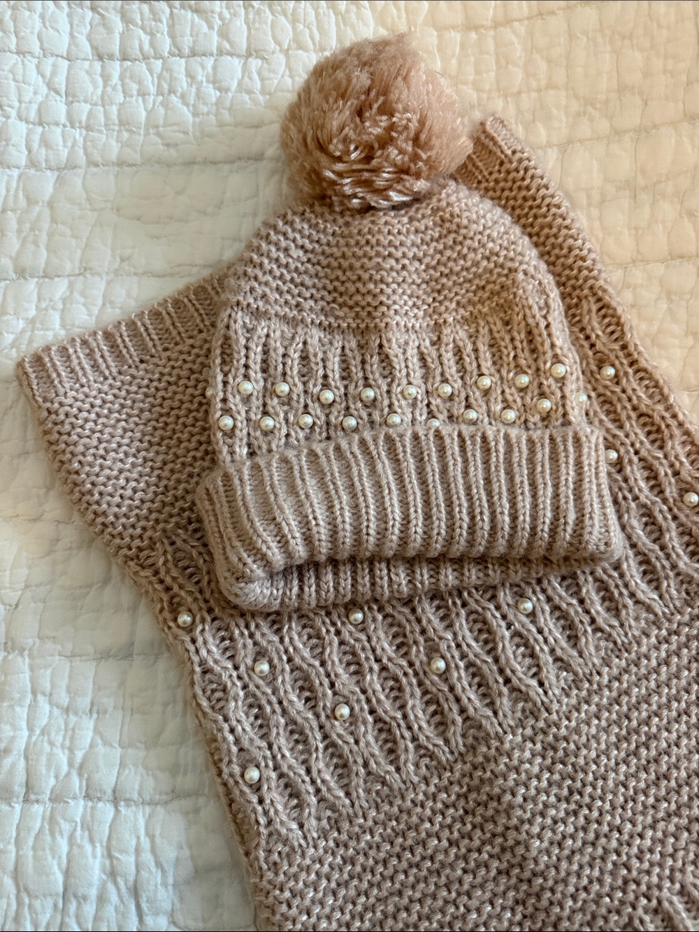 Betsey Johnson Knit Beanie and Snood Scarf Set - Blush